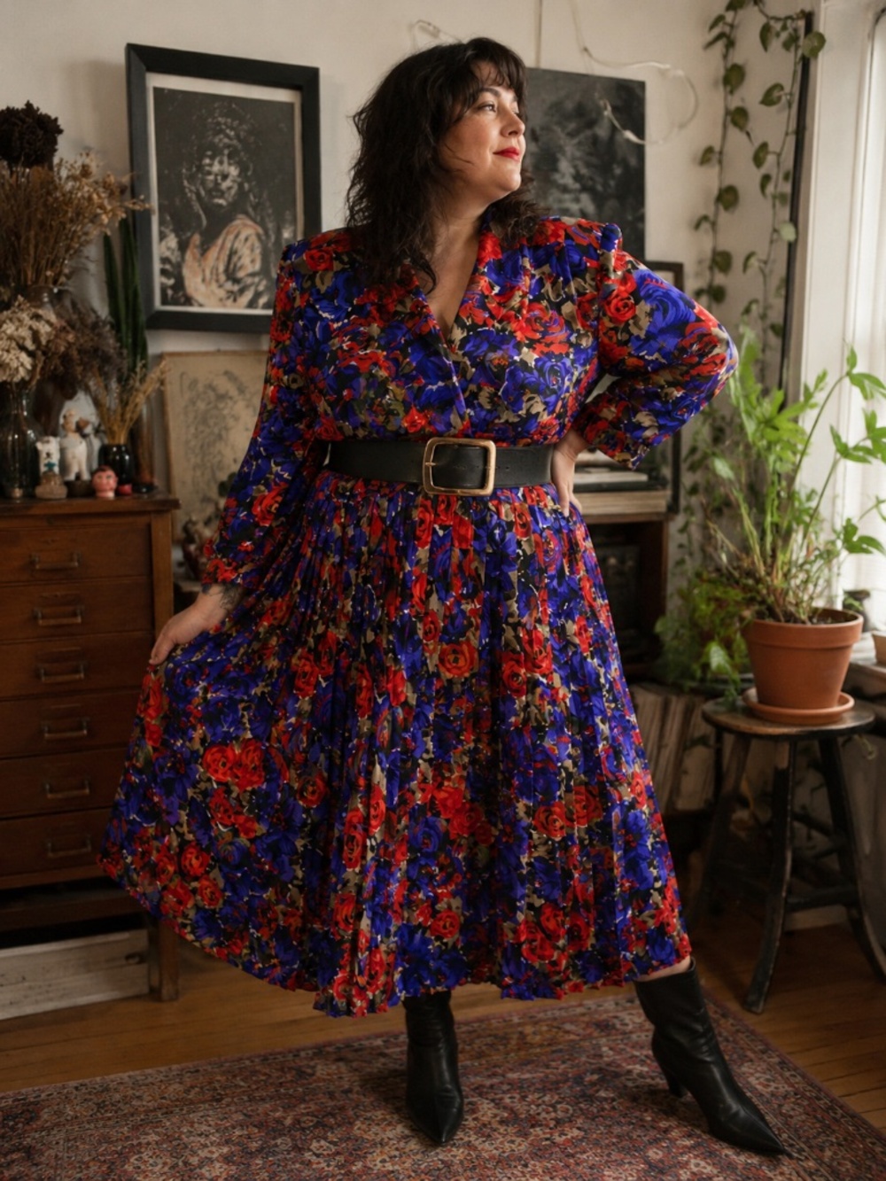 Vintage Floral Pleated Dress 80s 90s Retro Style Bold Blue & Red Print Large